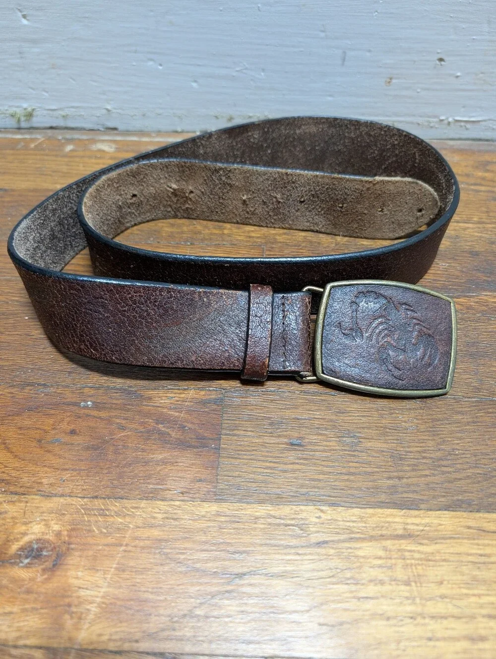 Vtg Men's Brown Size 42/44 Dress Belt, Adjustable Solid with Scorpion Buckle